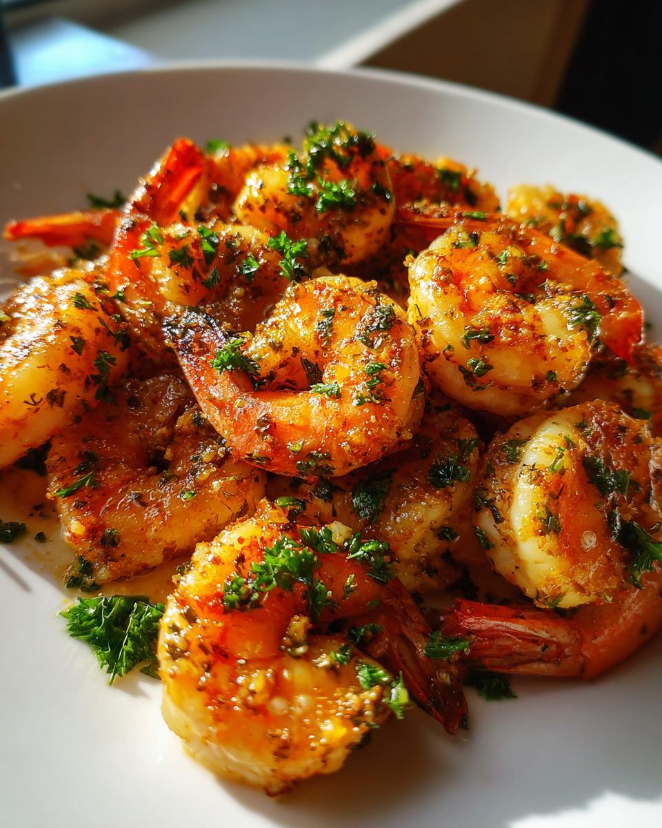 Close-up of garlic butter shrimp garnished with chopped parsley on a white plate.