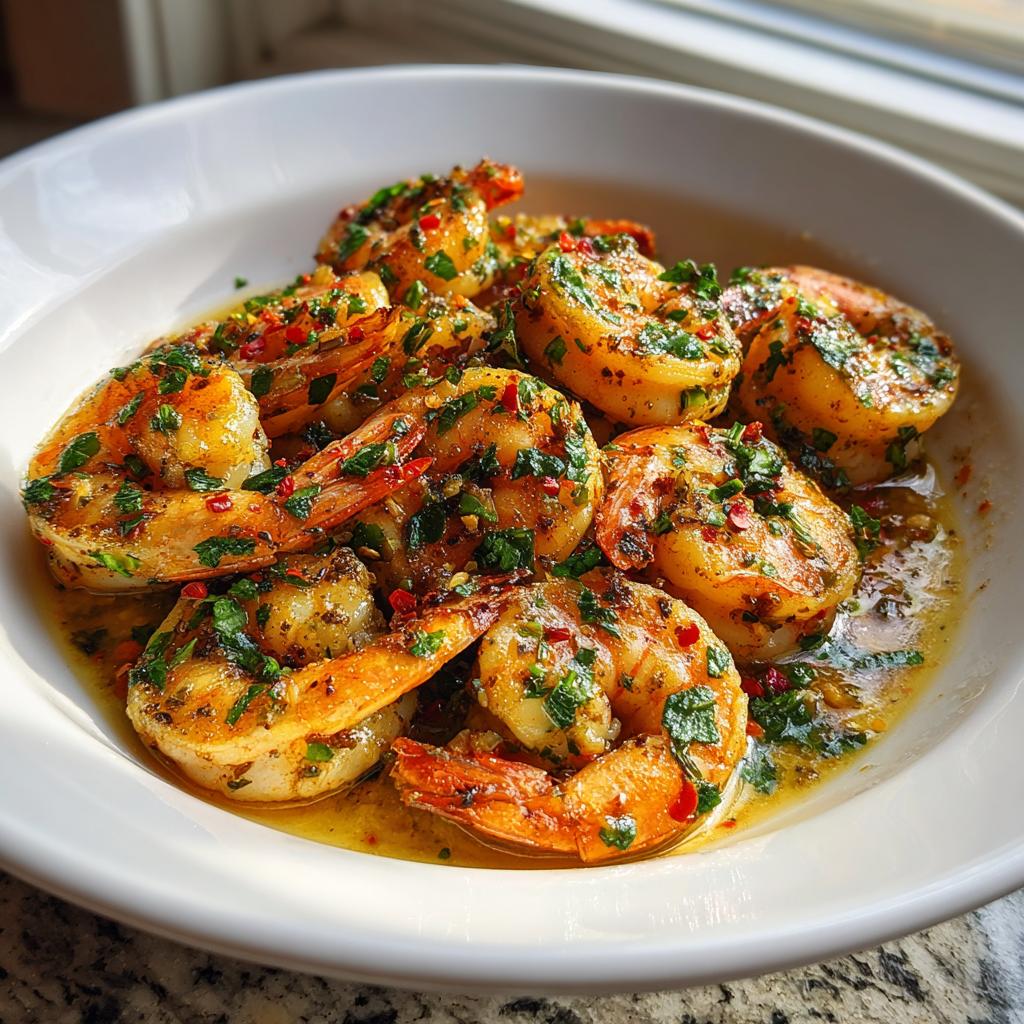 Close-up of succulent garlic butter shrimp, glistening with sauce and sprinkled with fresh parsley and red pepper flakes.