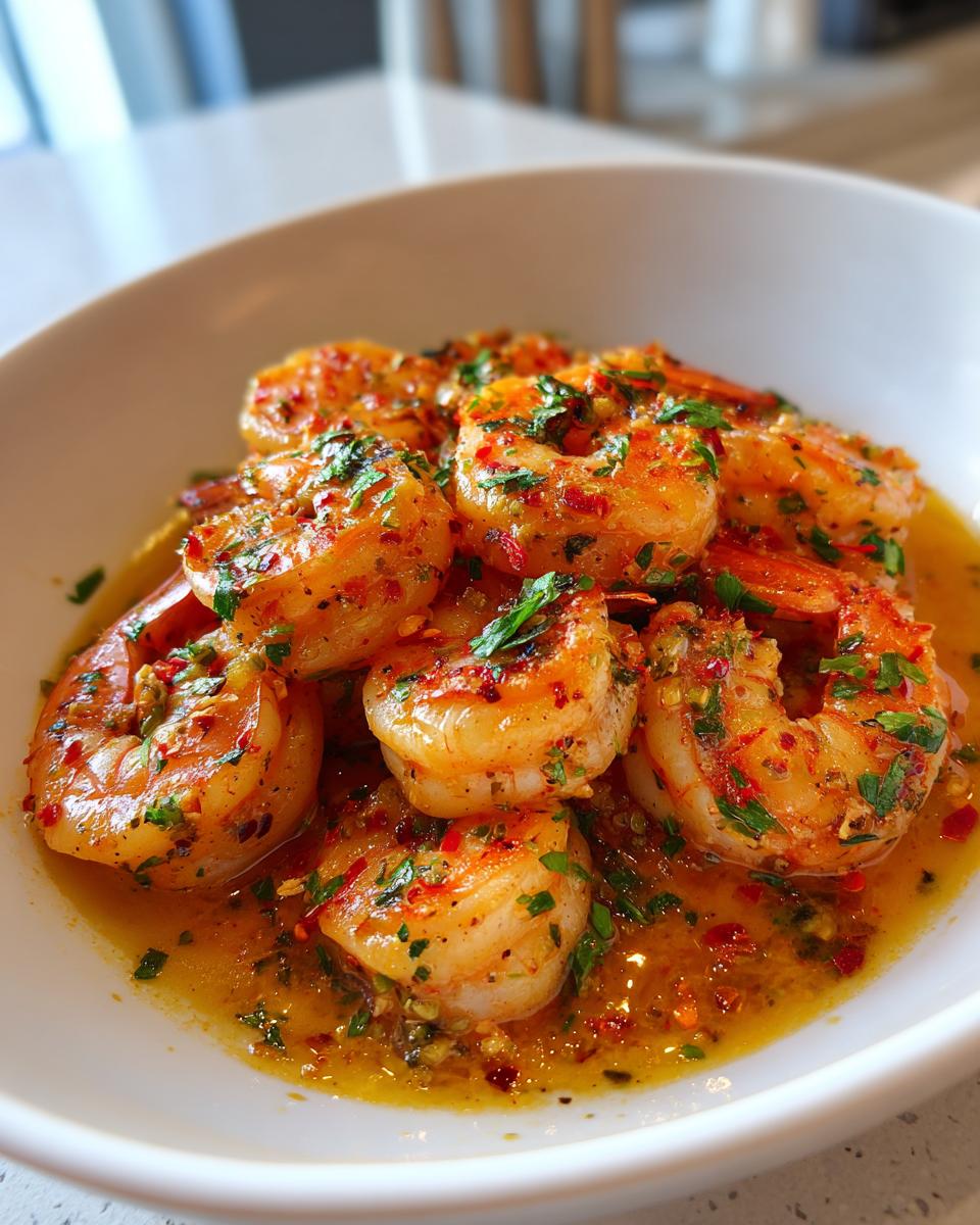 Close-up of succulent garlic butter shrimp, glistening in sauce and sprinkled with fresh parsley and chili flakes. A perfect addition to any shrimp recipes.