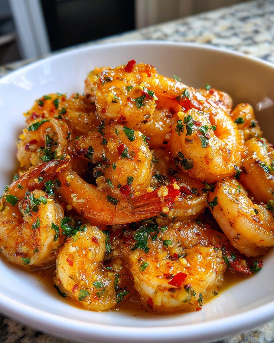 Close-up of succulent garlic butter shrimp, glistening with sauce and sprinkled with parsley and chili flakes.