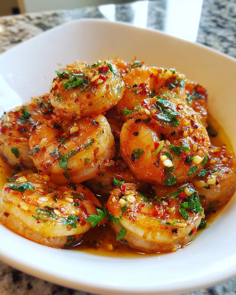 Close-up of juicy garlic butter shrimp with chili flakes and parsley in a white bowl, showcasing one of the best shrimp recipes.