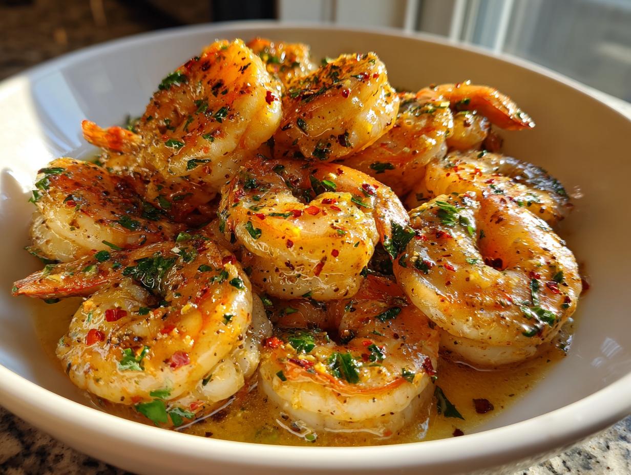 Close-up of juicy garlic butter shrimp, seasoned with herbs and chili flakes, in a white bowl.