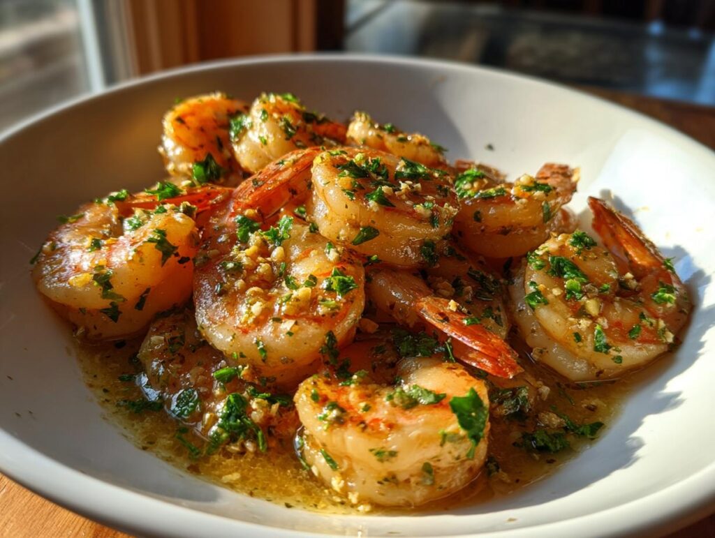 Garlic butter shrimp cooked with herbs and garlic in a white bowl, highlighting shrimp recipes