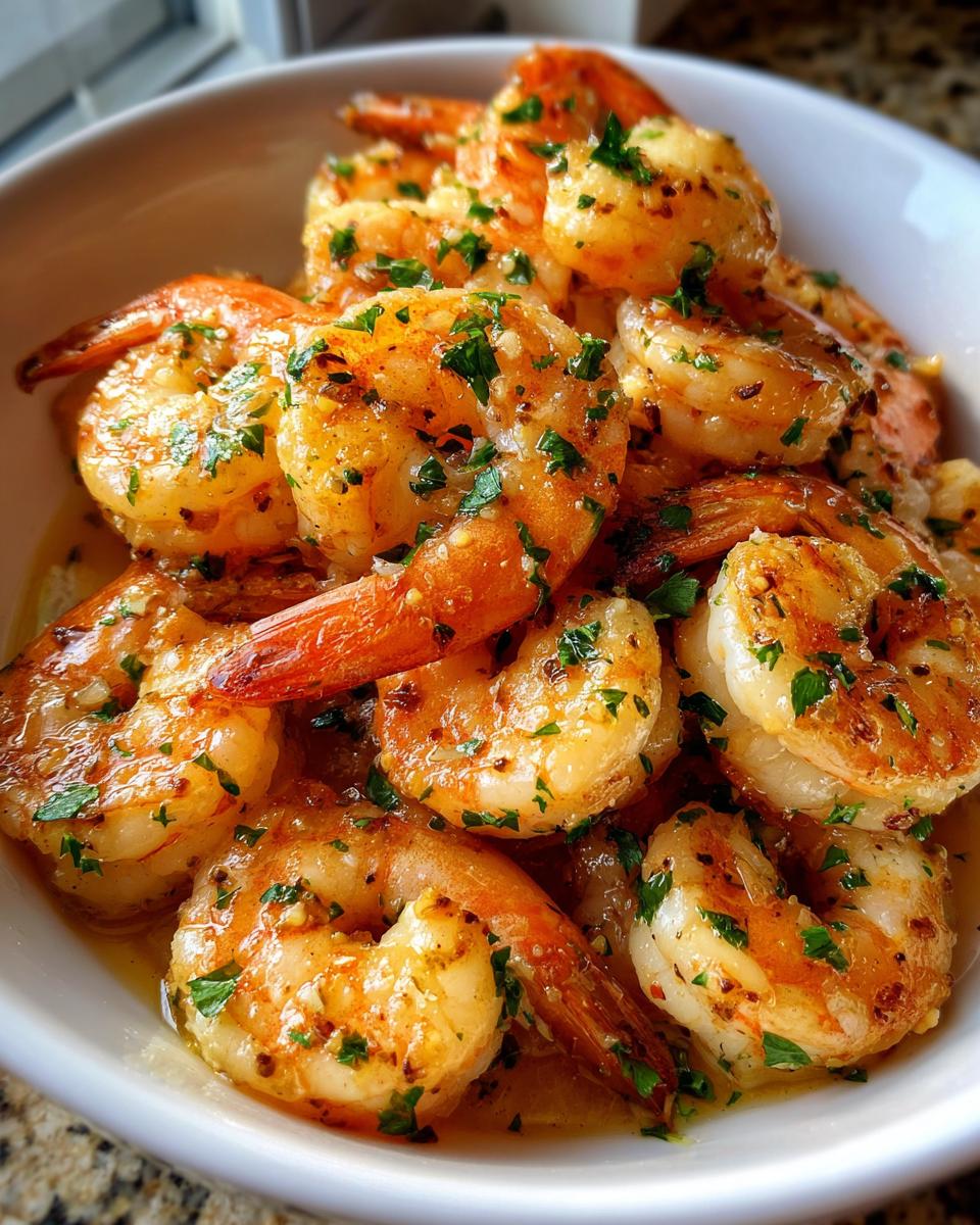 Close-up of garlic butter shrimp garnished with herbs in a white bowl, showcasing shrimp recipes