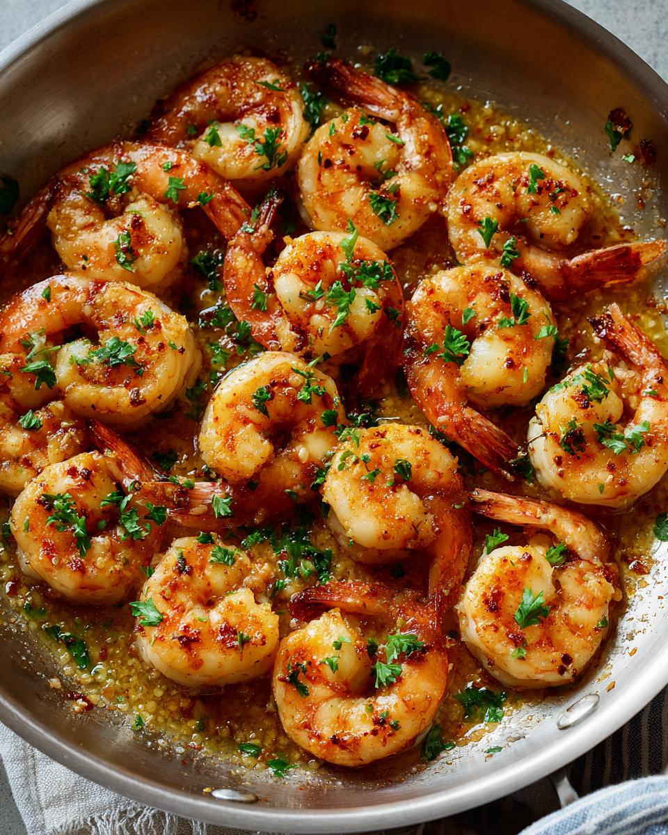 Garlic butter shrimp cooked in a skillet with herbs and seasonings.