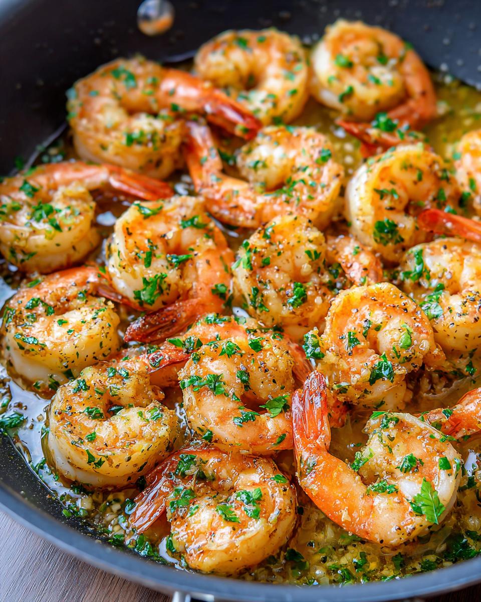 Garlic butter shrimp cooking in a skillet with herbs and seasoning, sizzling in sauce.