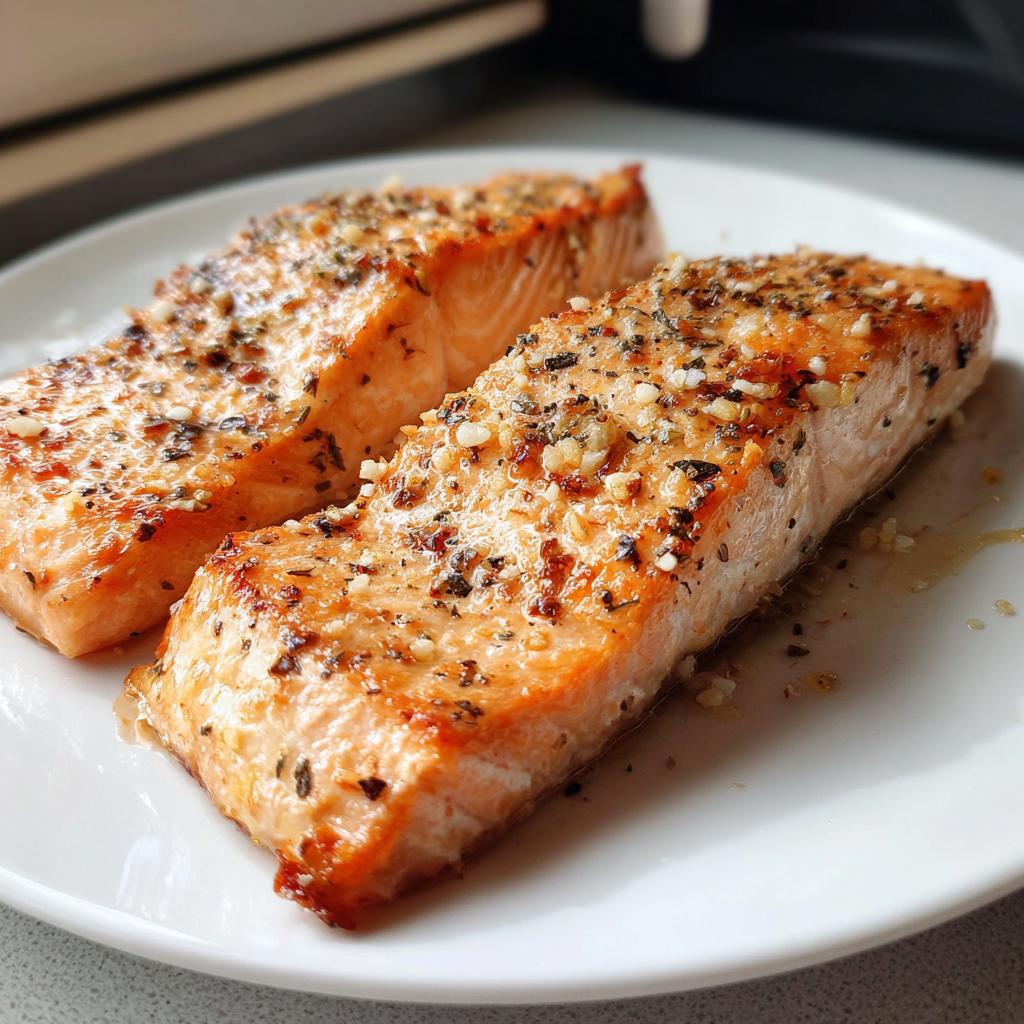 Two perfectly cooked salmon fillets seasoned with garlic and herbs on a white plate.