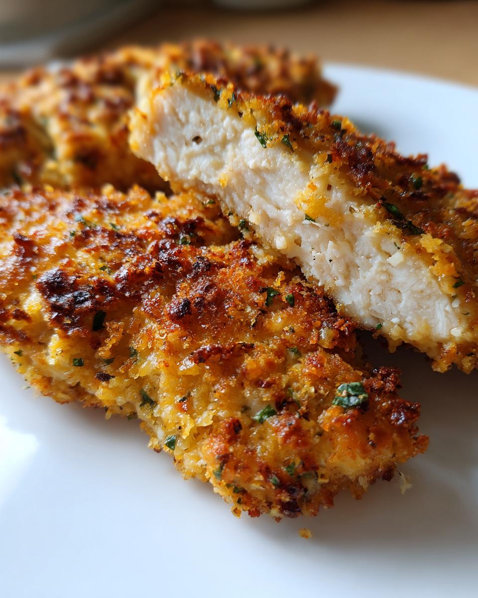 Close-up of juicy garlic parmesan chicken breast with crispy golden crust on a white plate.