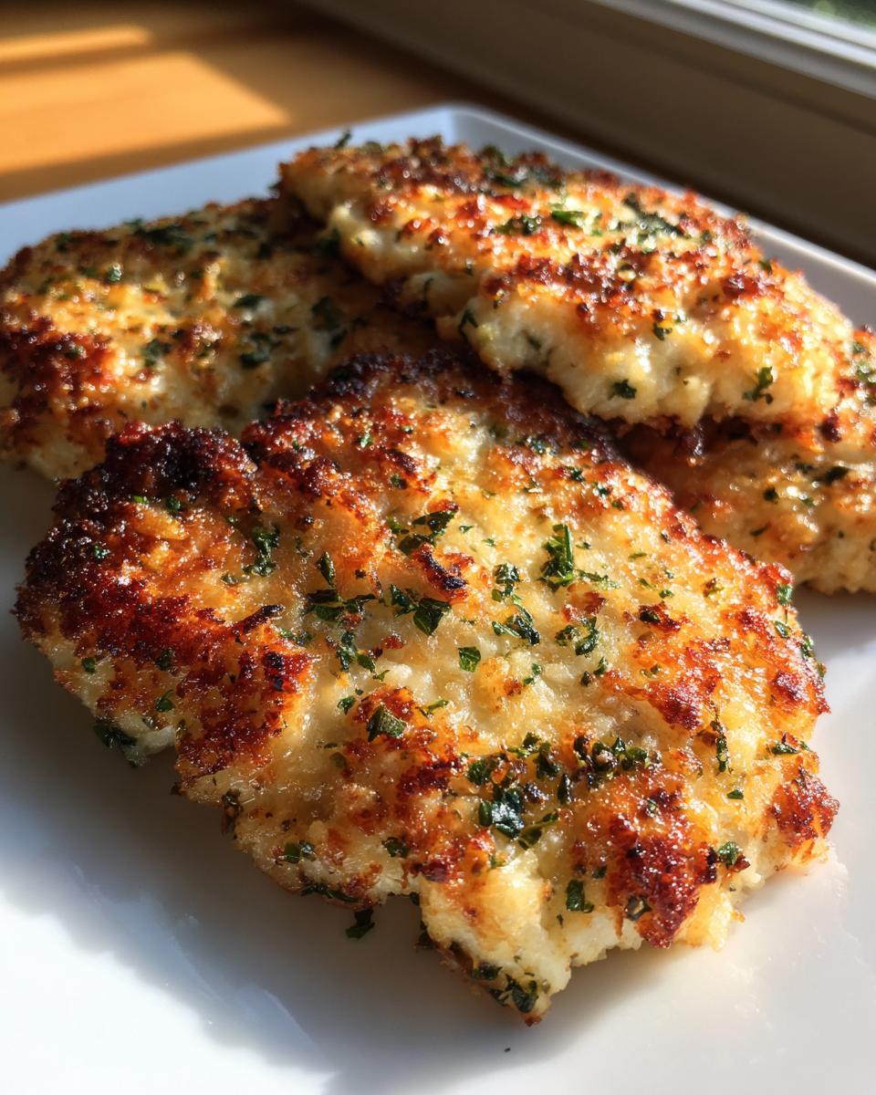 Close-up of golden-brown garlic parmesan chicken breast dinner pieces garnished with herbs.