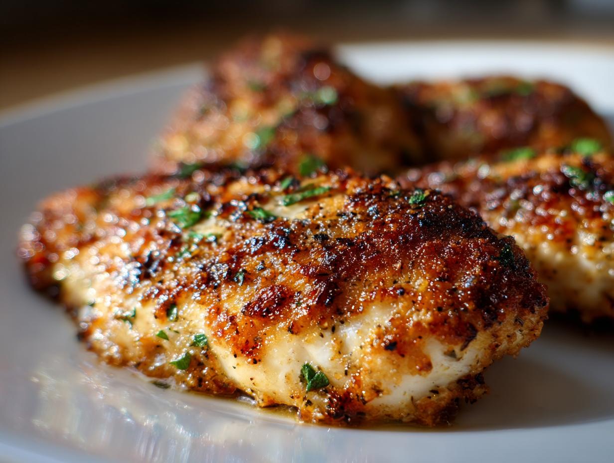 Close-up of garlic parmesan chicken breast with crispy golden crust and herbs on white plate