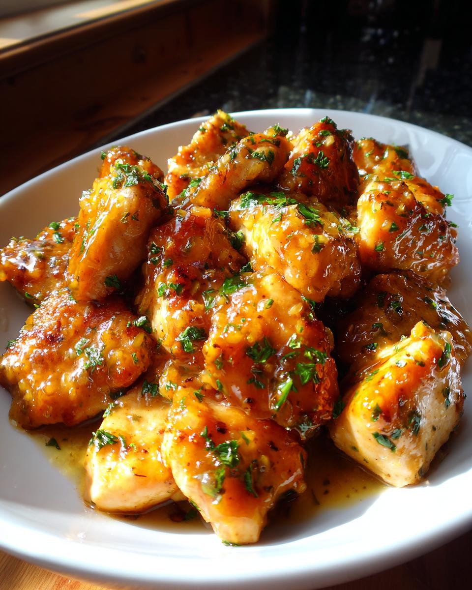 A white plate filled with glistening, glazed chicken bites, sprinkled with fresh parsley, perfect for chicken recipes for dinner.