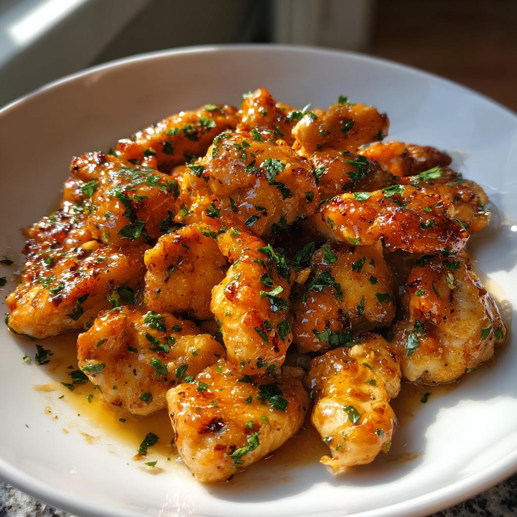 Close-up of golden-brown glazed chicken bites sprinkled with fresh parsley, perfect for chicken recipes for dinner.