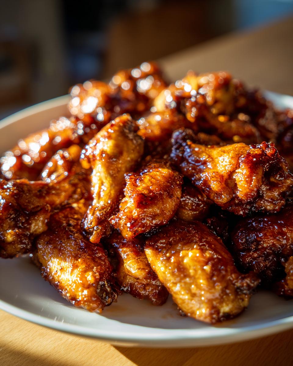 Close-up of a pile of glossy, glazed chicken wings, a perfect addition to your new years food ideas.