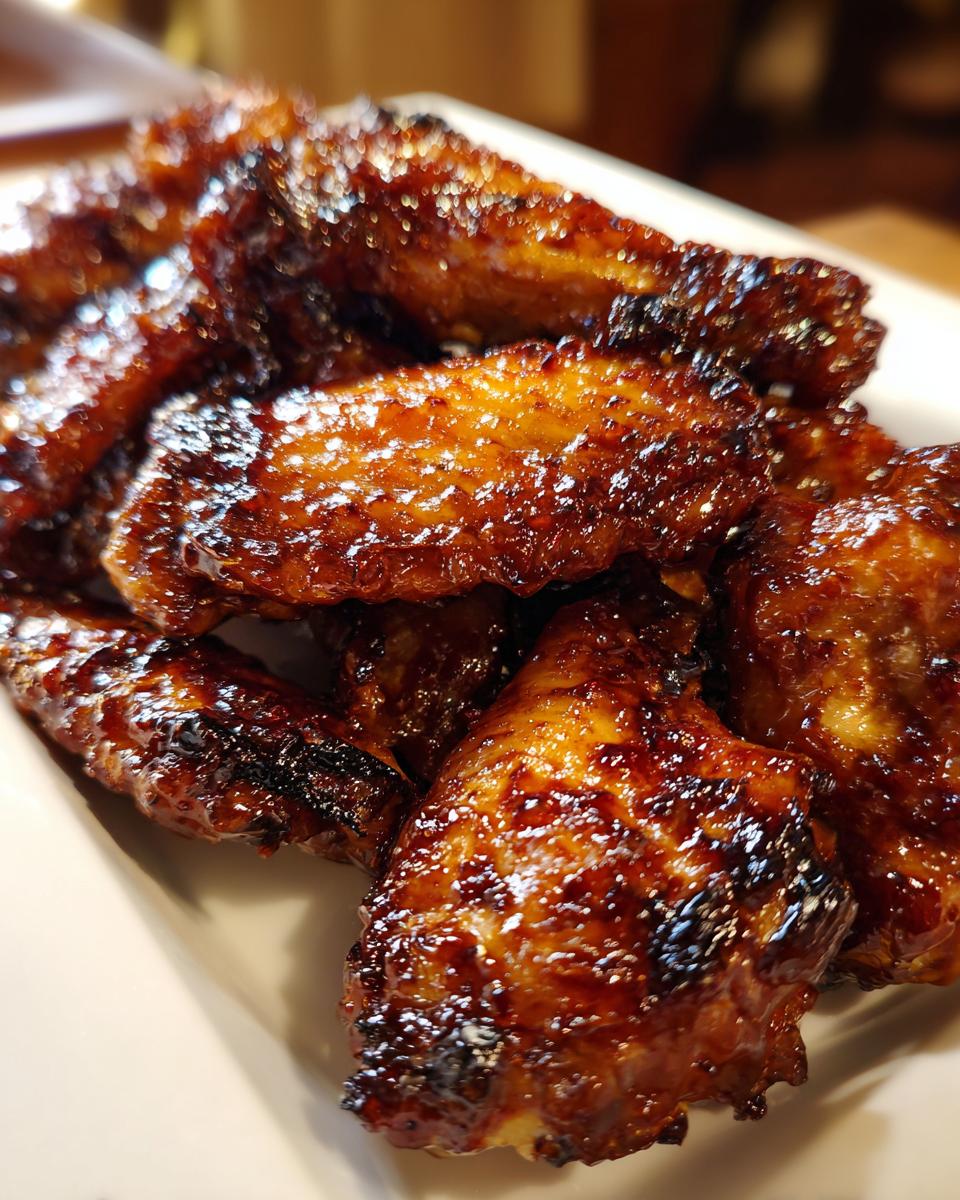 Close-up of glossy, glazed chicken wings, a perfect addition to your new years food ideas.
