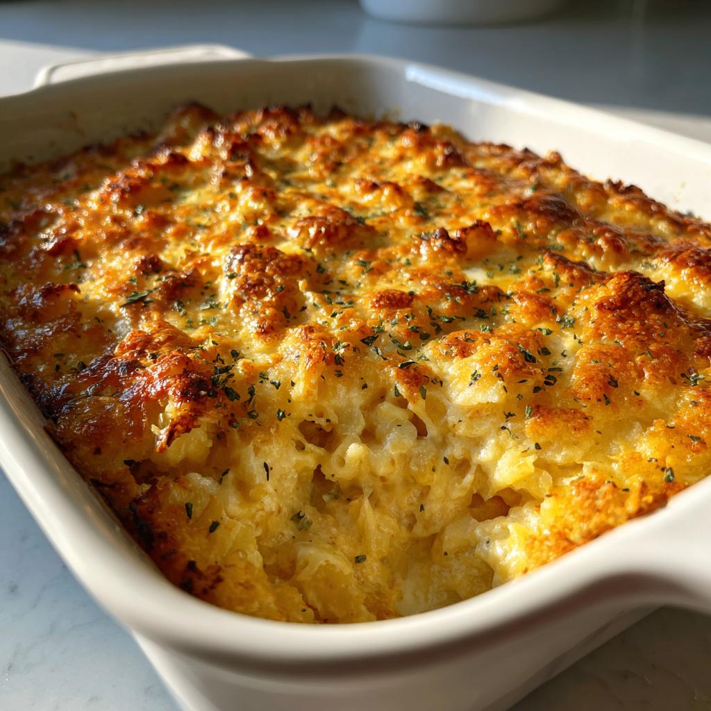Close-up of a golden, cheesy chicken casserole with herbs baked in a white ceramic dish.