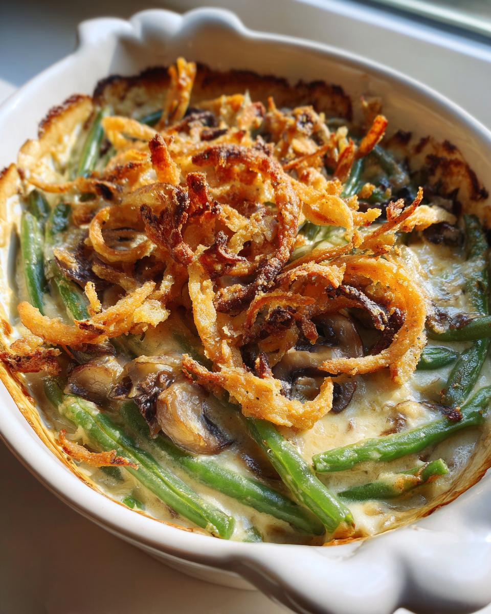 Close-up of a freshly baked green bean casserole recipe topped with crispy fried onions and mushrooms.