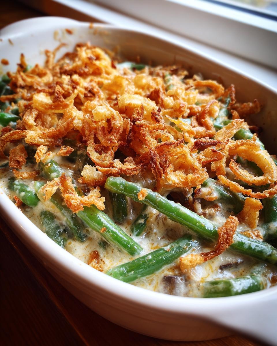 Close-up of a creamy green bean casserole topped with crispy fried onions in a white baking dish.