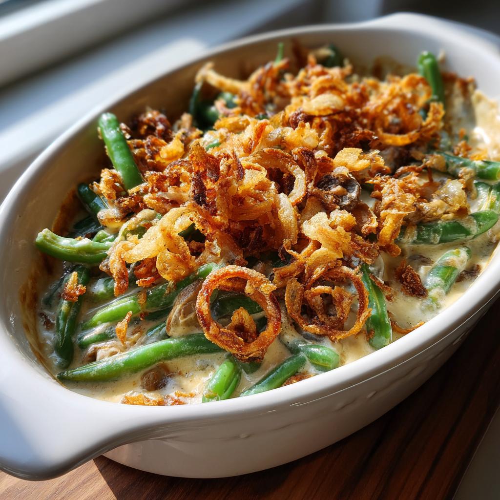 Close-up of a creamy green bean casserole topped with crispy fried onions.