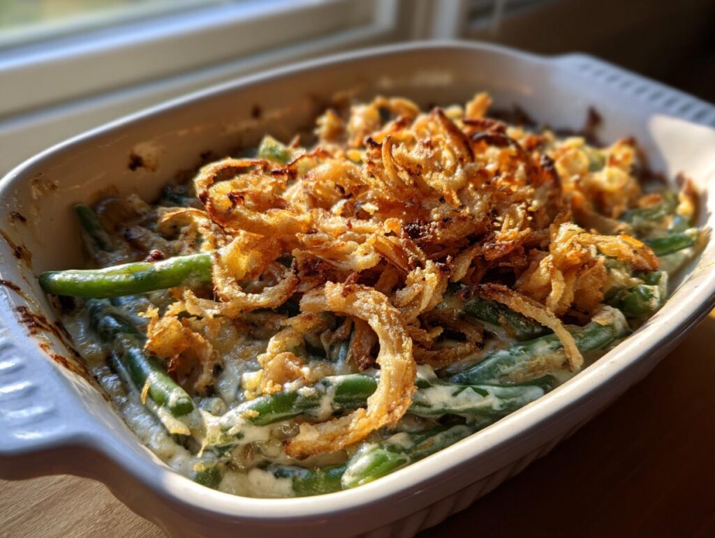 Close-up of a freshly baked green bean casserole recipe topped with crispy fried onions.