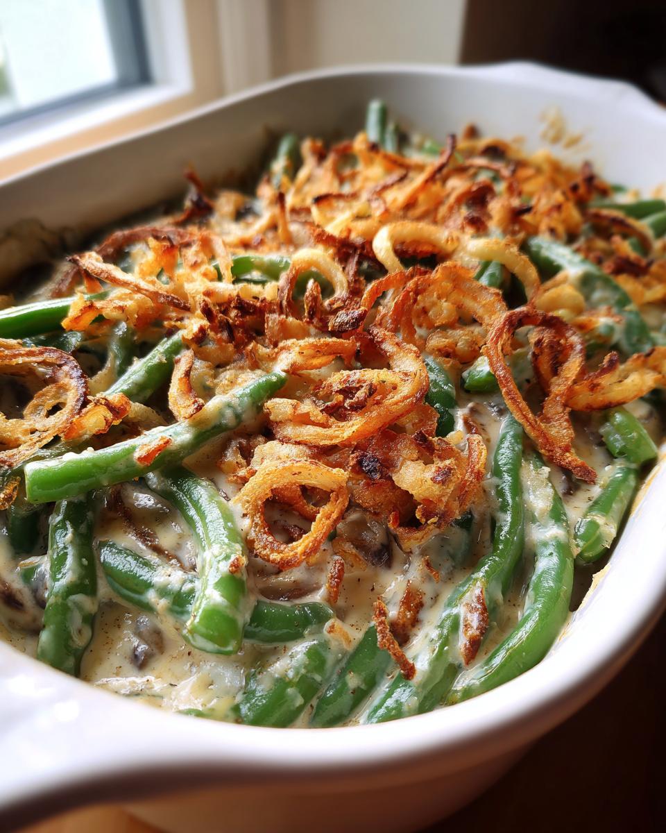 Close-up of a creamy green bean casserole topped with crispy fried onions.