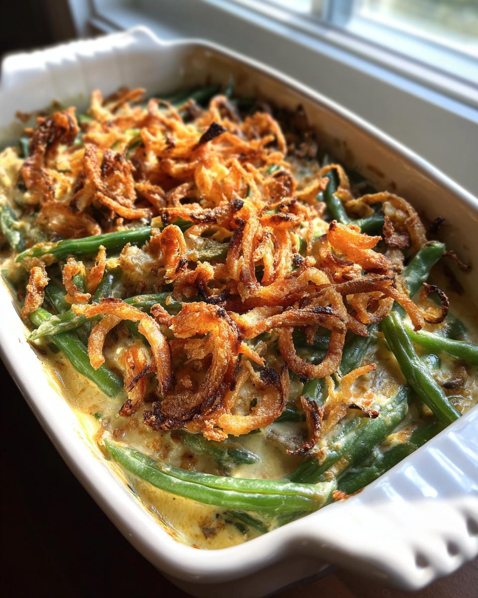 A close-up of a freshly baked green bean casserole recipe topped with crispy fried onions.