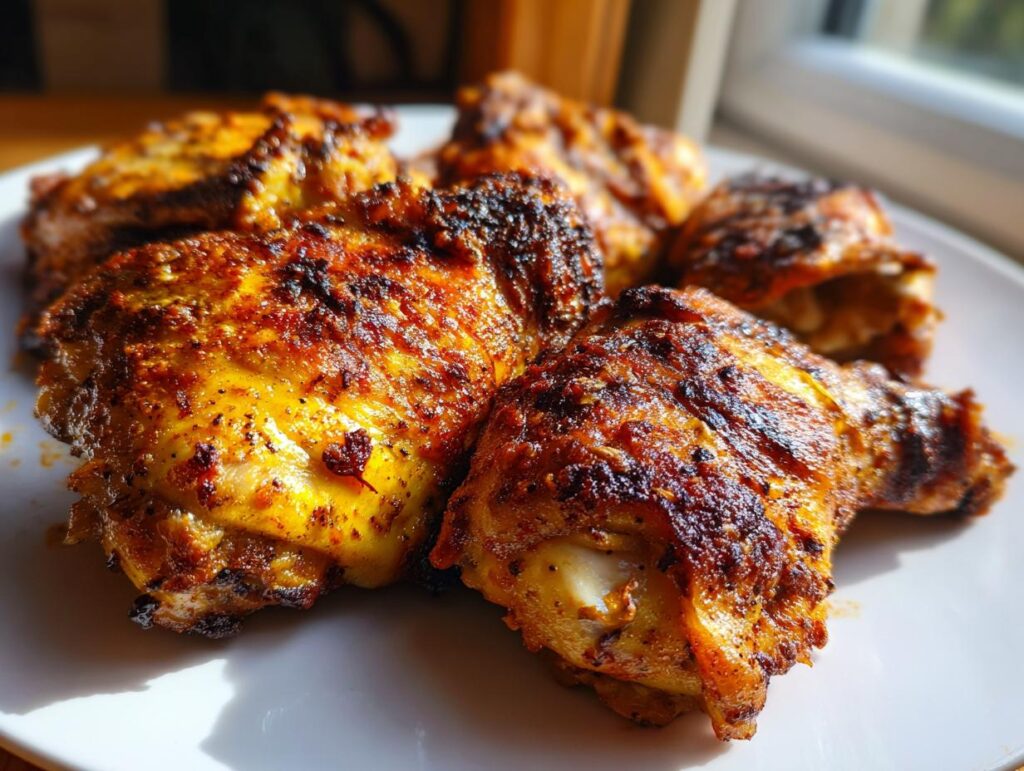 Close-up of perfectly grilled chicken thighs with crispy, seasoned skin on a white plate.