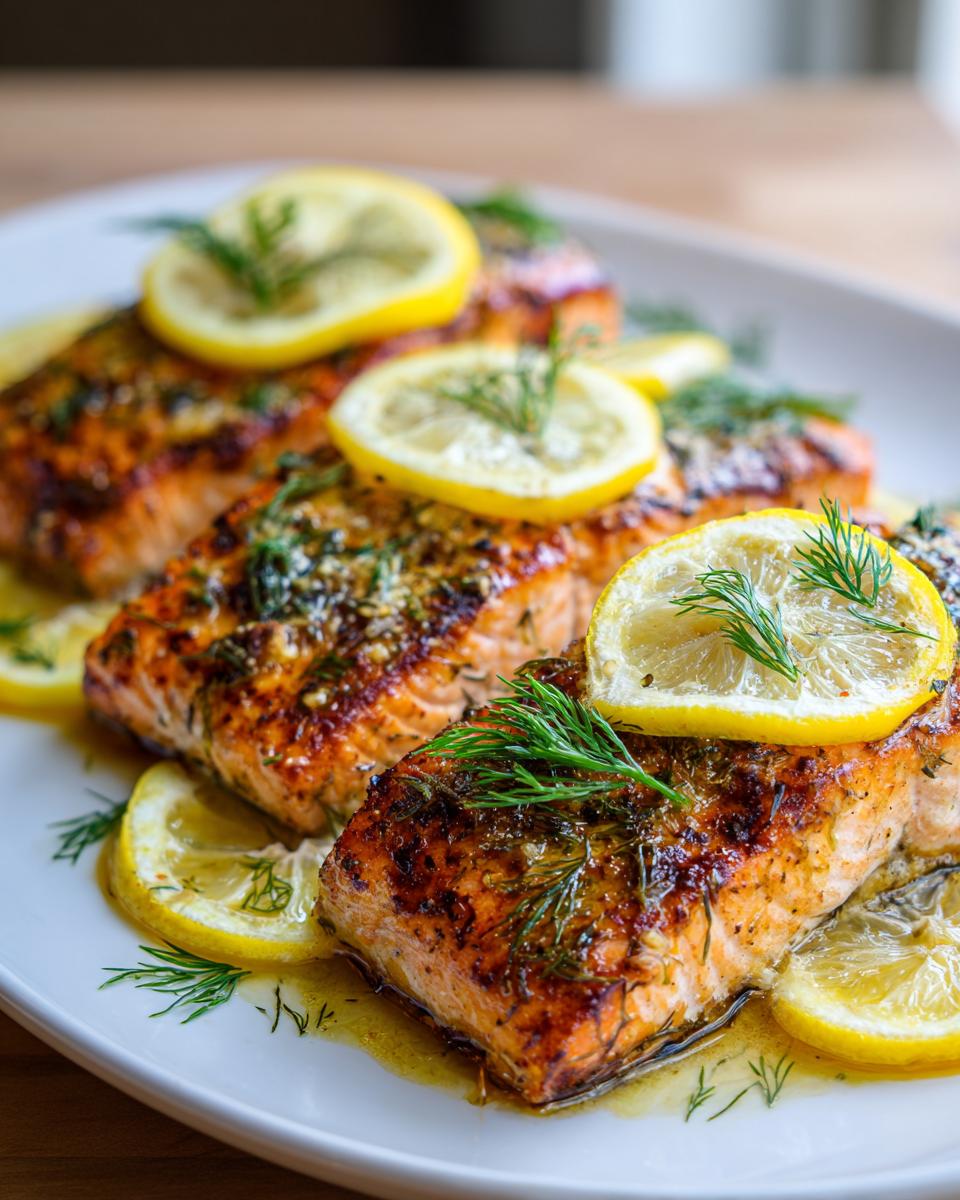 Three grilled salmon fillets topped with lemon slices and dill on a white plate.