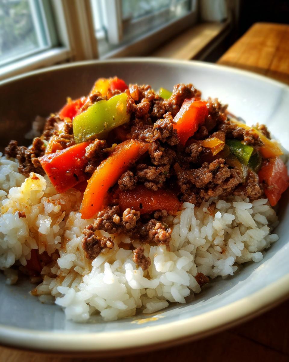 A hearty bowl of white rice topped with seasoned ground beef and colorful bell peppers, perfect for easy dinner recipes.