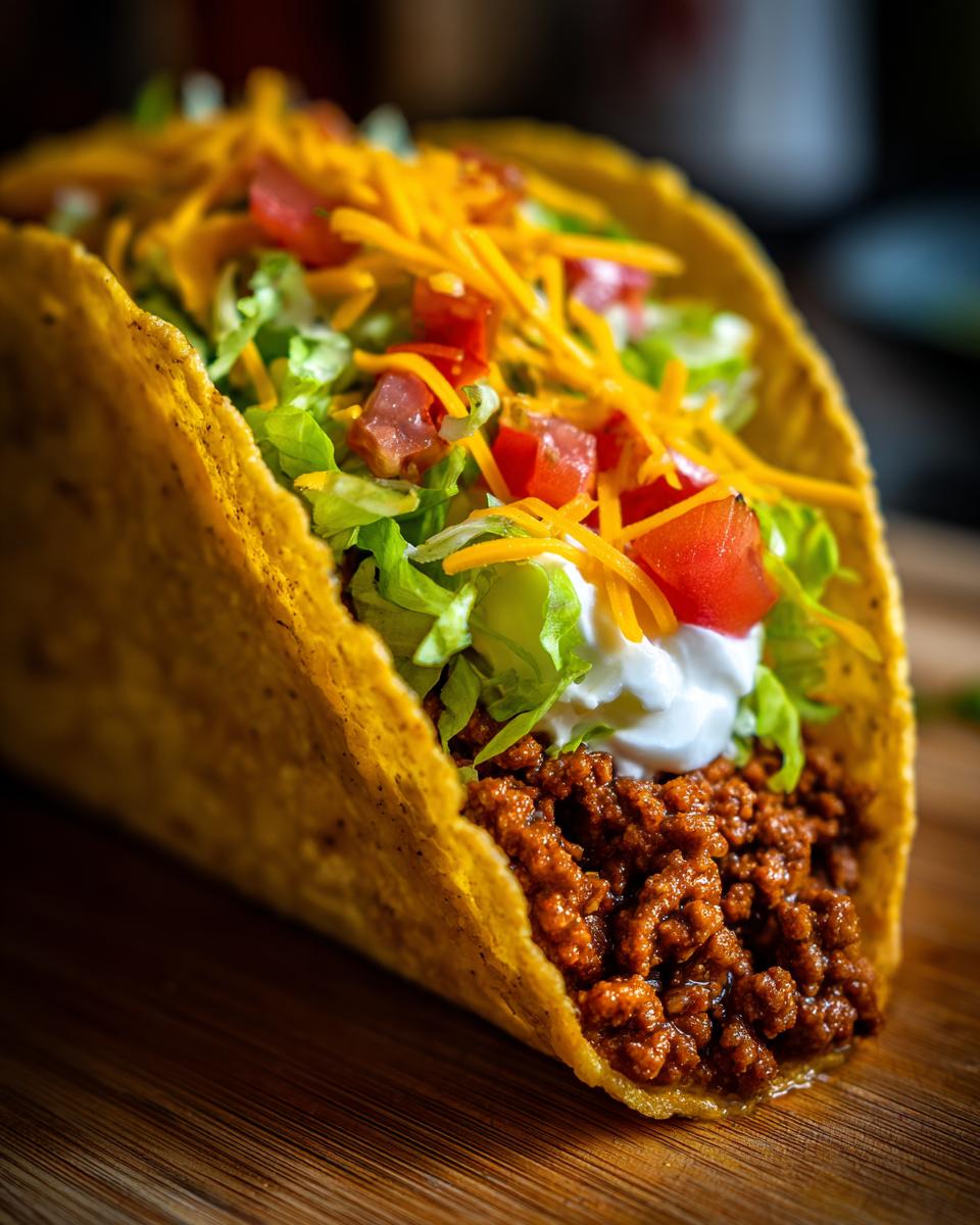 Crunchy taco shell filled with seasoned ground beef, lettuce, tomatoes, shredded cheese, and sour cream.