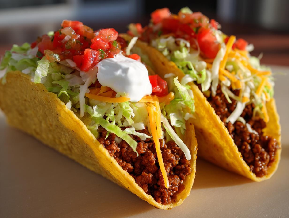 Two classic ground beef taco recipes filled with seasoned meat, shredded lettuce, cheese, pico de gallo, and sour cream.
