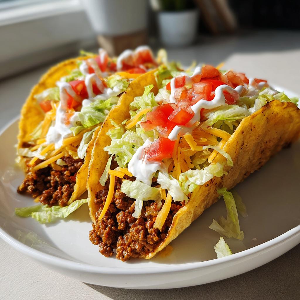 Close-up of two ground beef taco recipes filled with shredded lettuce, cheese, tomatoes, and sour cream.