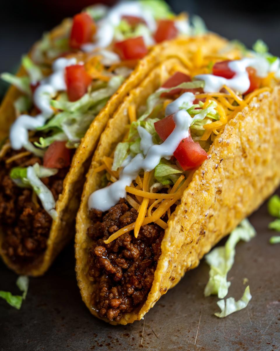 Close-up of two ground beef tacos filled with seasoned ground beef, shredded lettuce, cheese, tomatoes, and sour cream.