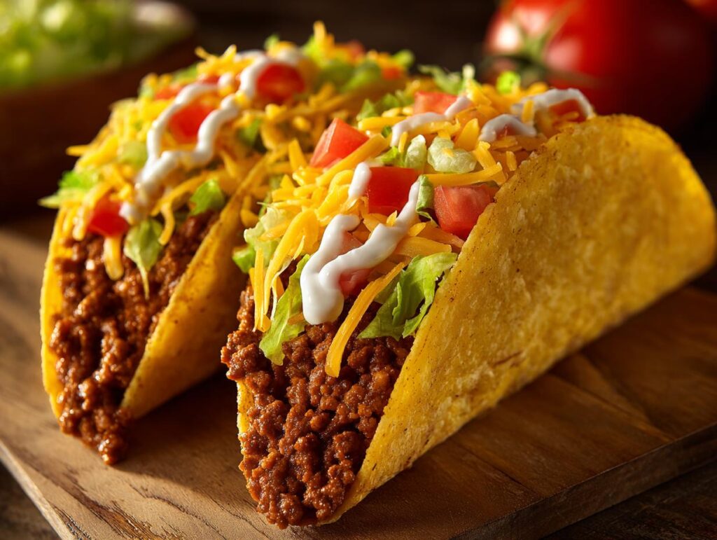 Two delicious ground beef tacos filled with seasoned meat, shredded lettuce, cheese, tomatoes, and sour cream.