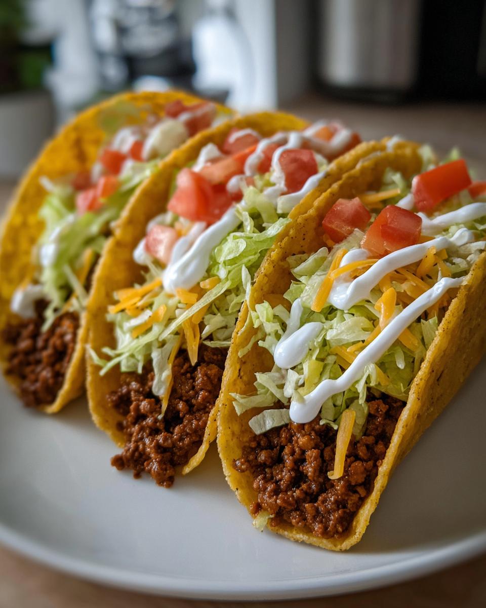 Three crispy ground beef tacos filled with lettuce, cheese, tomatoes, and sour cream. A perfect addition to taco recipes.
