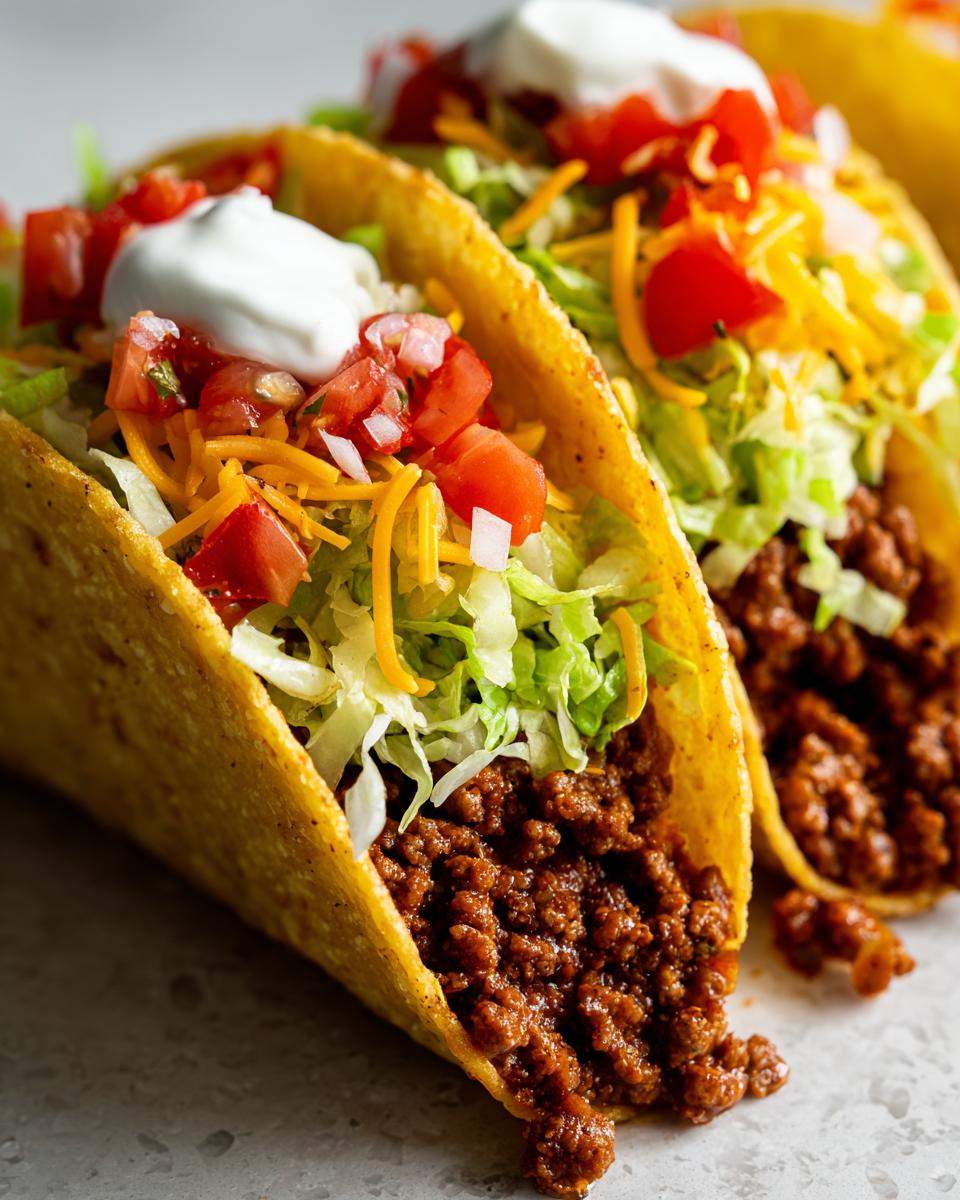 Close-up of two ground beef tacos with shredded lettuce, cheese, diced tomatoes, and sour cream. A perfect addition to taco recipes.