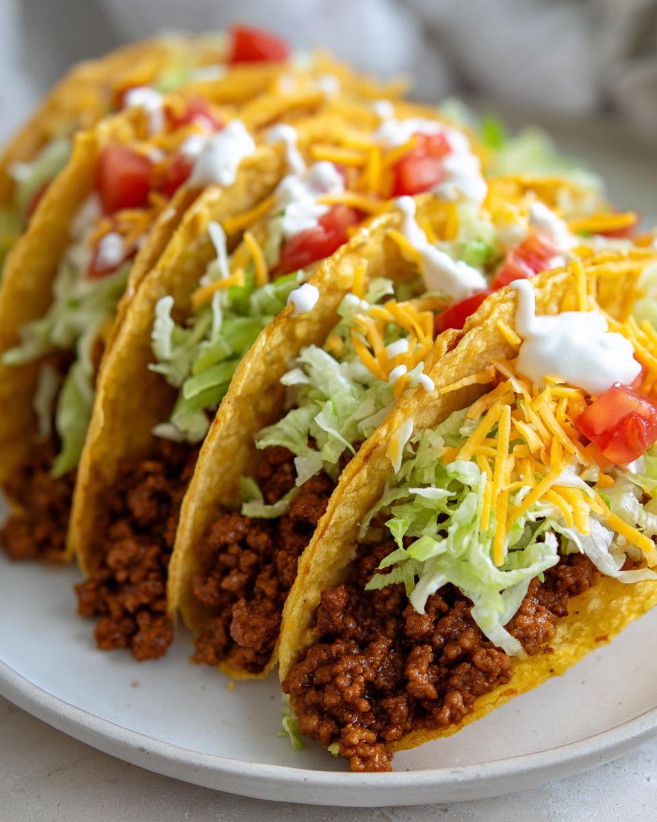 A row of classic ground beef tacos filled with seasoned meat, shredded lettuce, cheese, tomatoes, and sour cream.