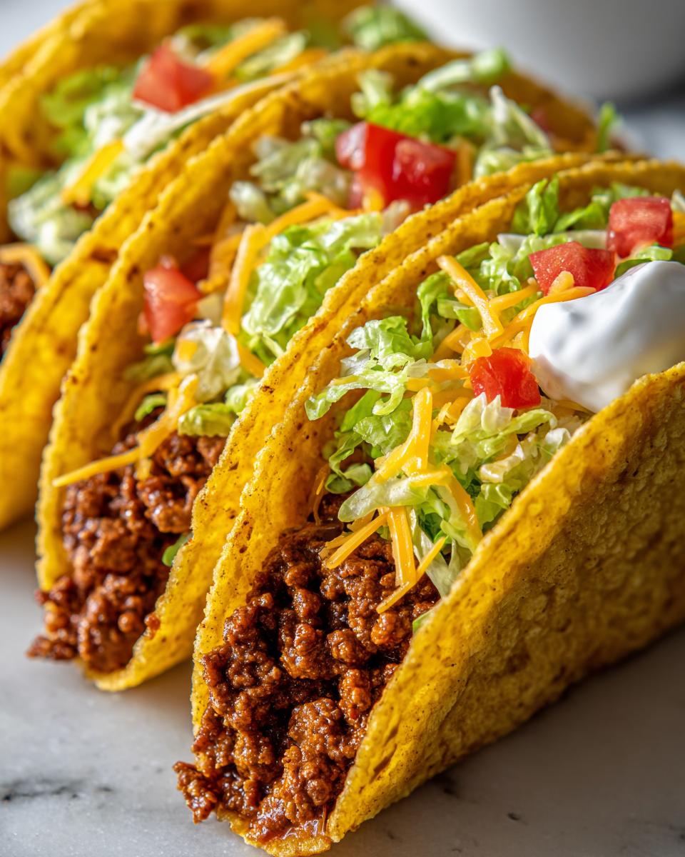 Three ground beef tacos in crunchy taco shells topped with lettuce, tomato, cheese, and sour cream.
