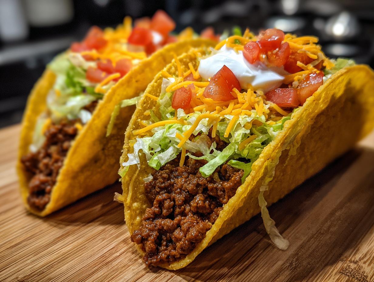 Two ground beef tacos with shredded lettuce, cheddar cheese, diced tomatoes, and sour cream in crispy shells