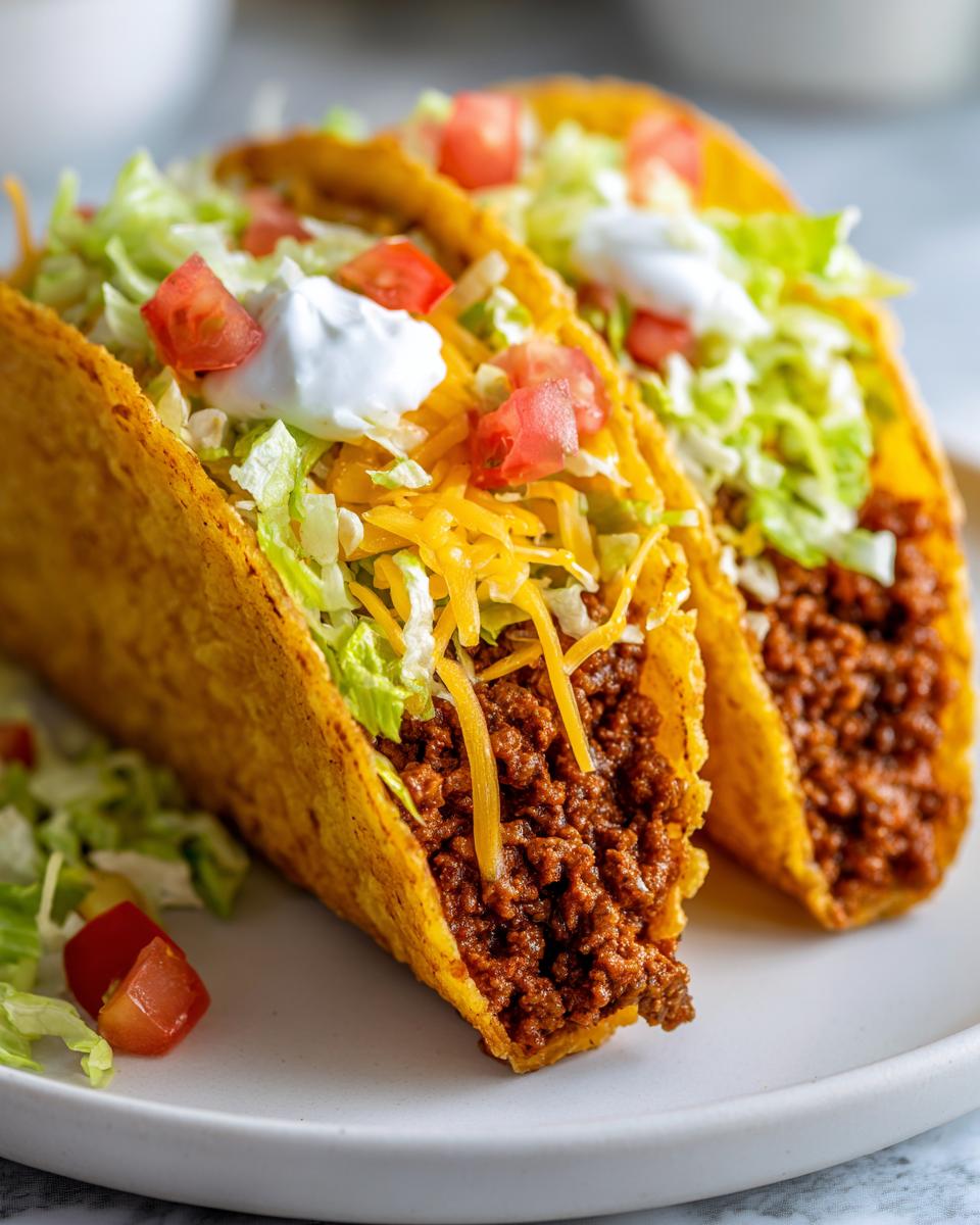 Two ground beef tacos topped with shredded lettuce, cheddar cheese, diced tomatoes, and sour cream.