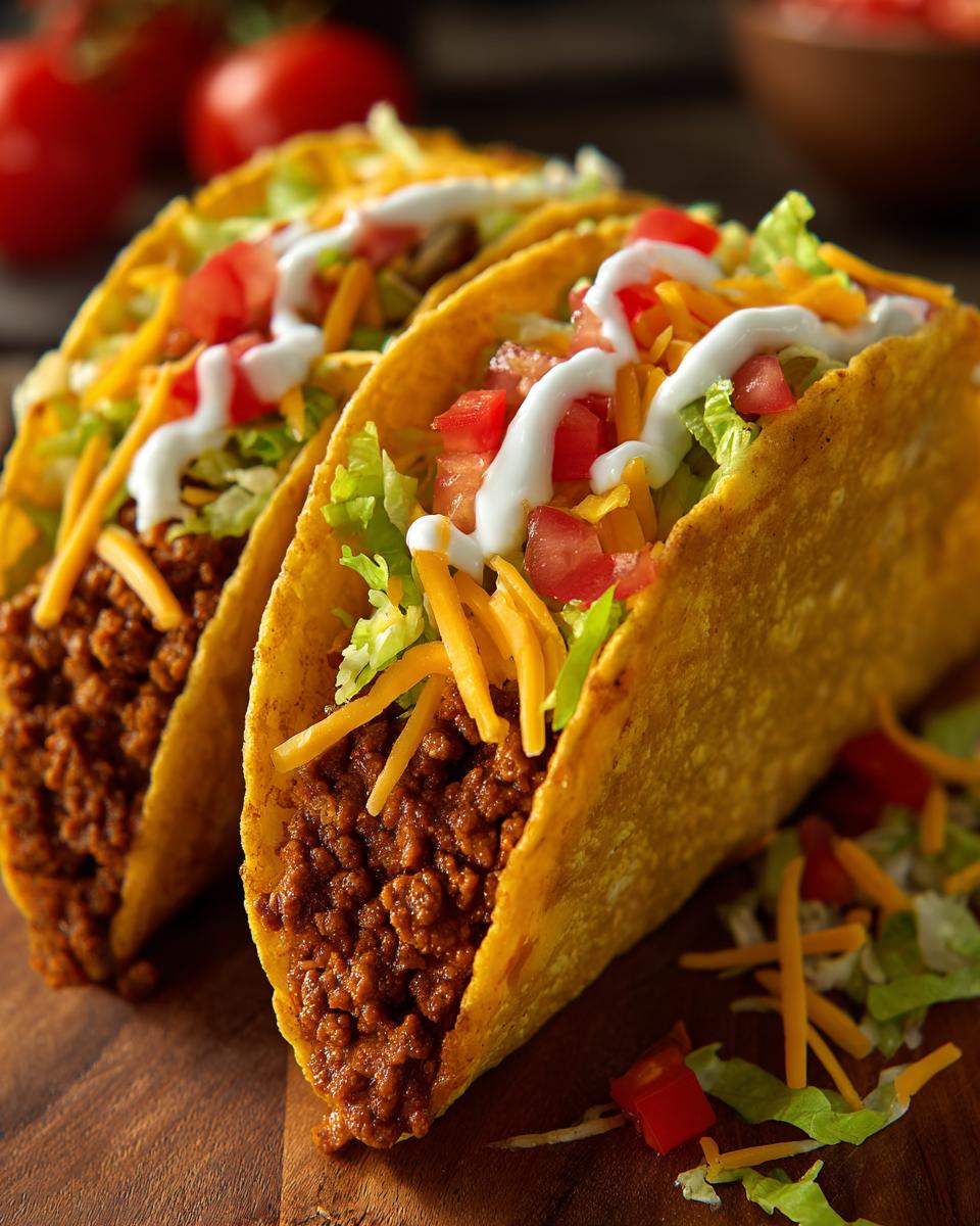 Close-up of three ground beef tacos filled with seasoned meat, shredded lettuce, cheese, tomatoes, and sour cream.
