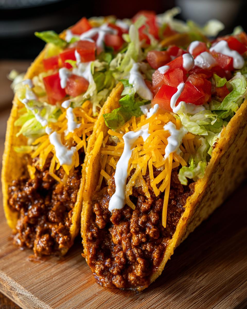 Two ground beef tacos filled with seasoned meat, shredded cheese, lettuce, tomatoes, and sour cream.