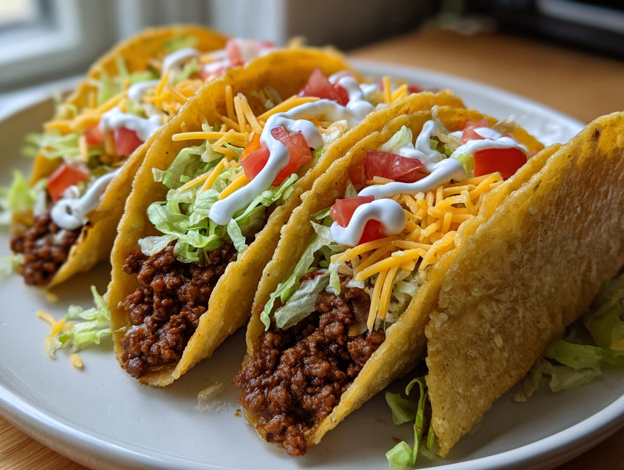 A close-up of four ground beef tacos, filled with seasoned meat, shredded lettuce, cheese, tomatoes, and sour cream.