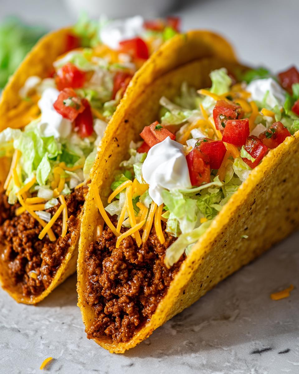 Close-up of two crunchy ground beef tacos, loaded with shredded lettuce, diced tomatoes, shredded cheese, and a dollop of sour cream. Perfect for taco recipes.