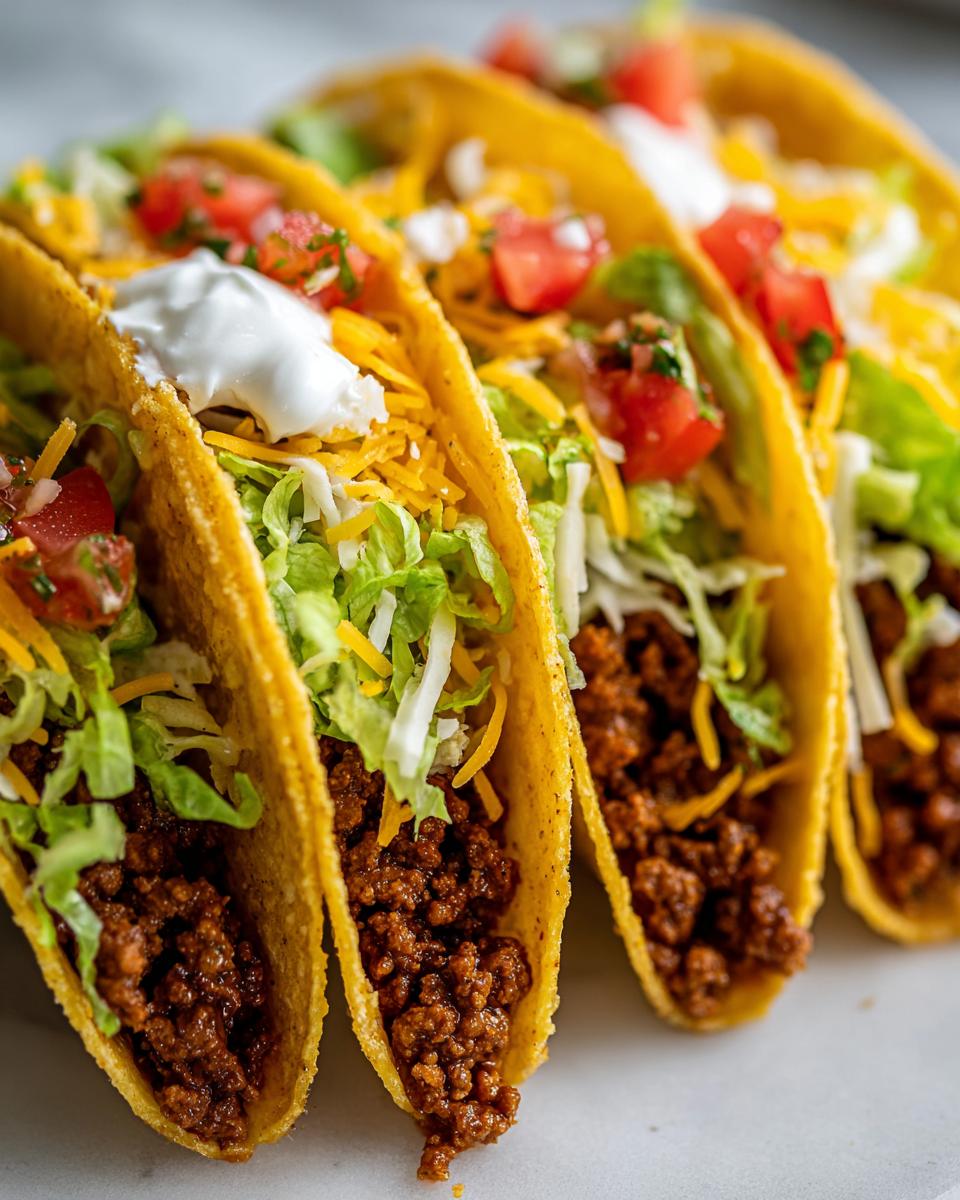 A close-up of four ground beef tacos, generously filled with seasoned meat, shredded lettuce, cheese, diced tomatoes, and a dollop of sour cream.