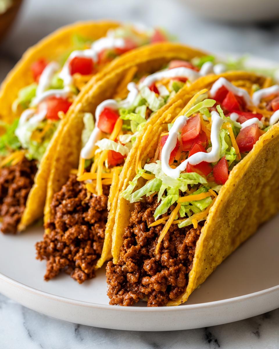 A close-up of three ground beef tacos filled with shredded lettuce, diced tomatoes, cheese, and a drizzle of sour cream.
