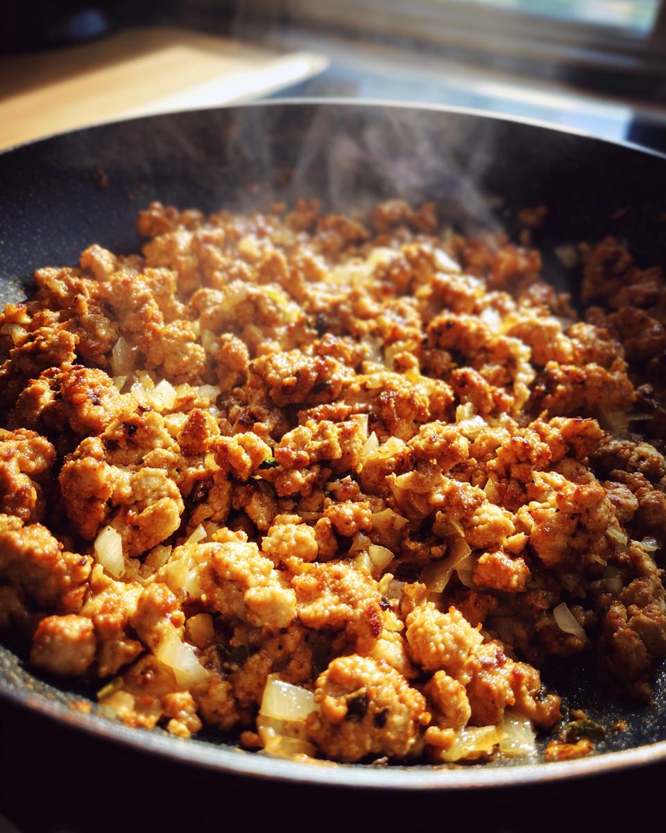 Ground turkey cooking in a skillet with diced onions, steaming and browned.