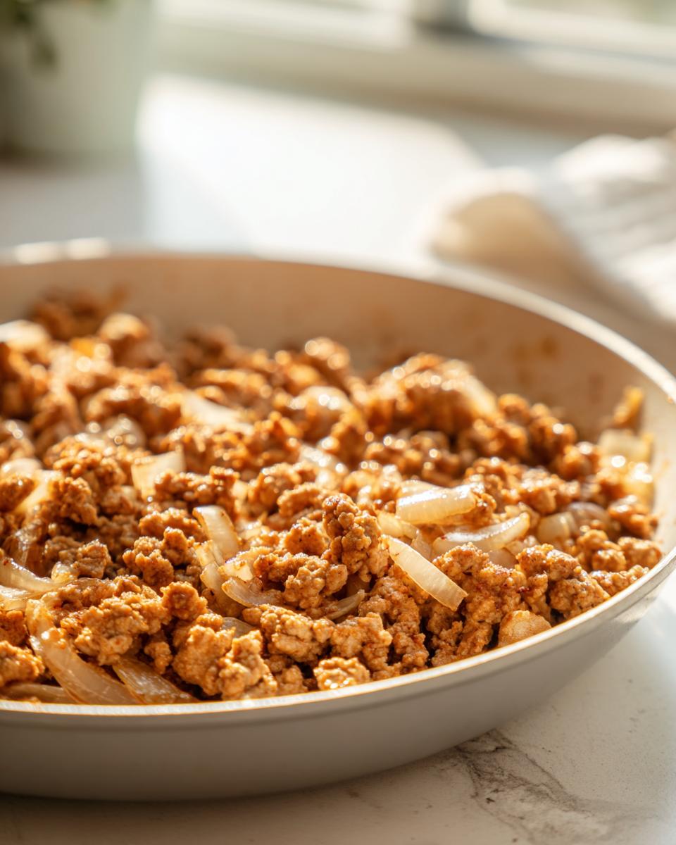 Close-up of seasoned ground turkey and sautéed onions cooking in a skillet, a key ingredient in many ground turkey recipes.