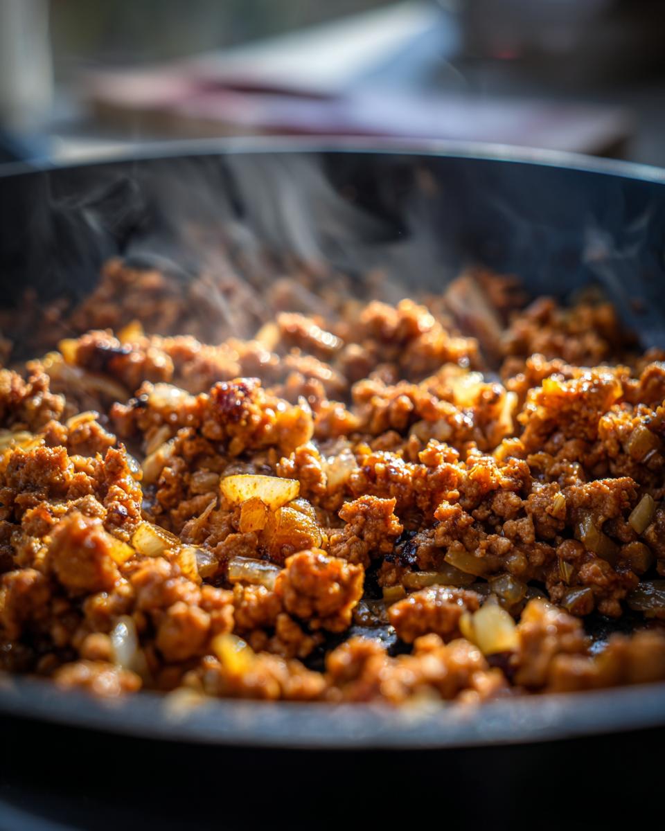 Close-up of ground turkey cooking with onions in a hot skillet, steam rising