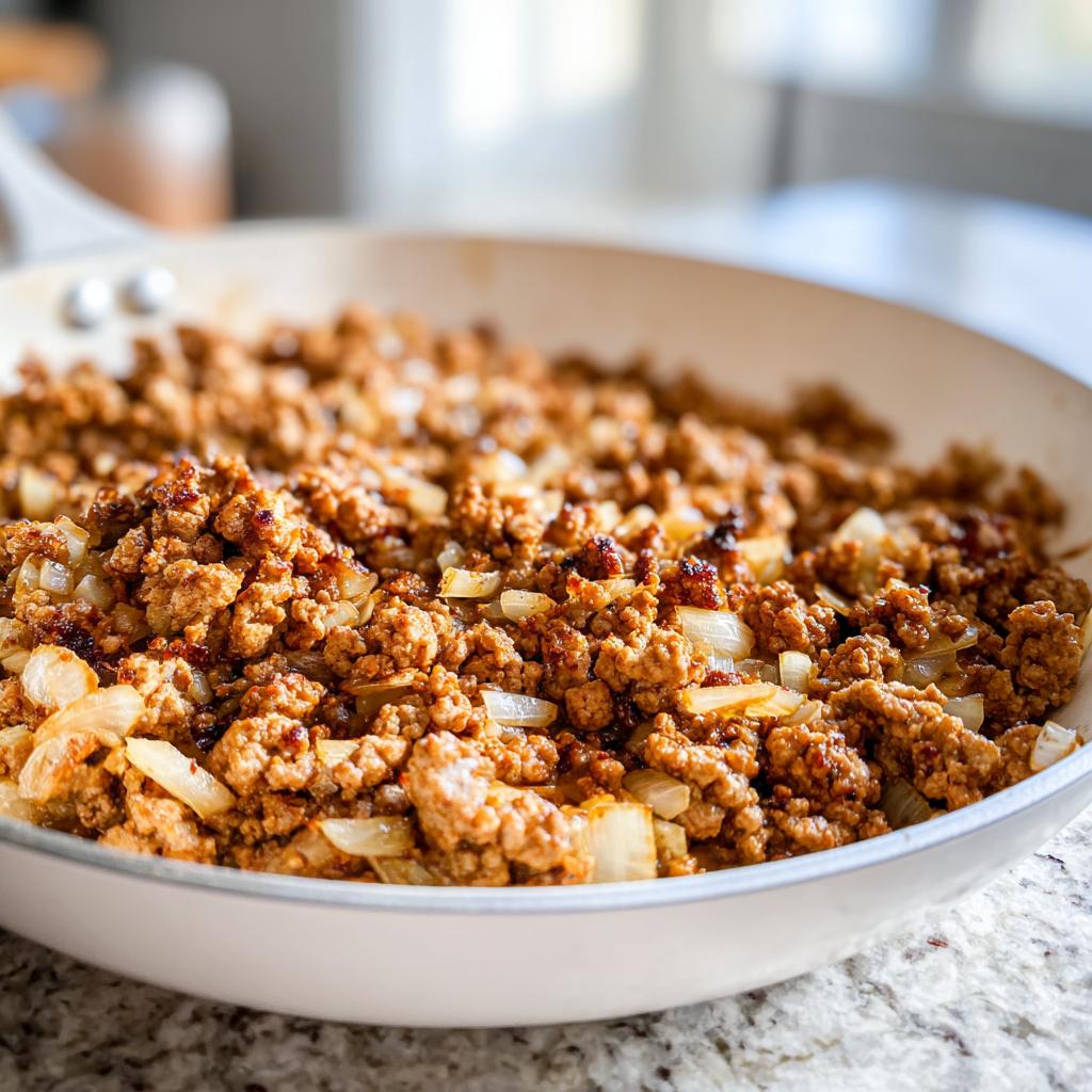 Close-up of seasoned ground turkey and diced onions cooking in a white skillet, a key ingredient in many ground turkey recipes.