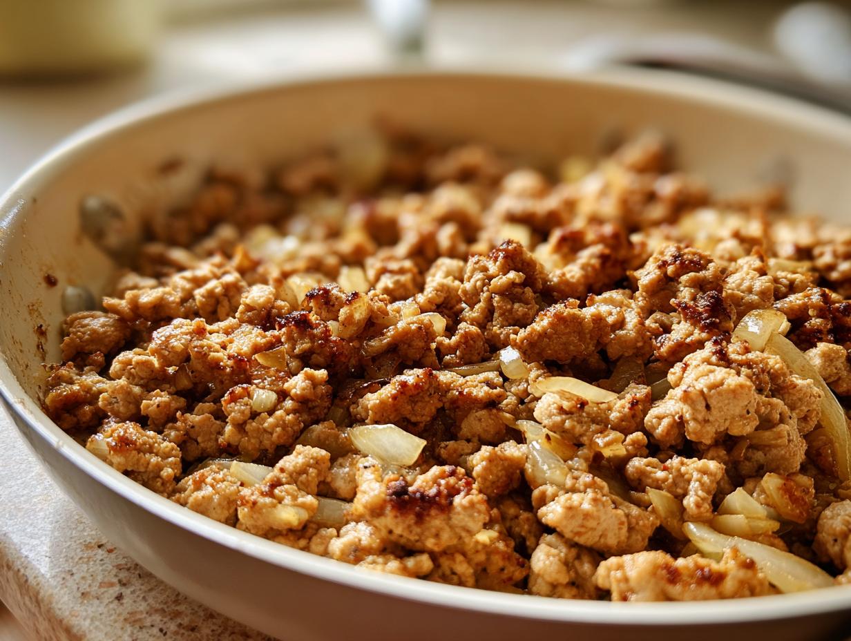 Close-up of seasoned ground turkey with onions cooking in a pan, a key ingredient in many ground turkey recipes.